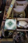 Eight Boxes of Sundries, To include China and Glass, Projector screen, Dress Hat in Box, Silver