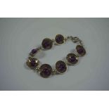 Silver and Amethyst Bracelet, Set with eight Amethyst cabochons, Stamped 925, Initialed SM, 8cm