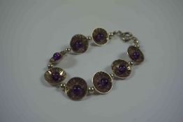 Silver and Amethyst Bracelet, Set with eight Amethyst cabochons, Stamped 925, Initialed SM, 8cm