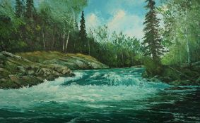 Saul (Canadian) "River Scene" Oil on Canvas, Signed to lower right, 52cm x 90cm, Also with two