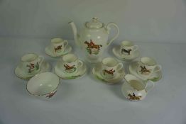 Equestrian Themed Porcelain Coffee Set, Marked indistinctly to the underside for Vaughan, Comprising