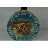 Pearl Harbour Survivors Association Ceramic Decanter, The Moon shaped Decanter is enclosing Jim Beam