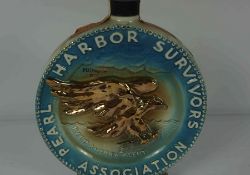 Pearl Harbour Survivors Association Ceramic Decanter, The Moon shaped Decanter is enclosing Jim Beam