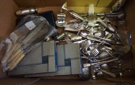 Box of Loose Silver Plated and Cased Cutlery, To include Bone handled examples