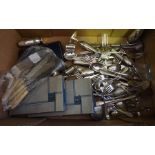 Box of Loose Silver Plated and Cased Cutlery, To include Bone handled examples