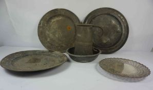 Mixed Lot of Pewter Wares, circa 19th century, To include a Church Flagon, Chargers, and Bowl, The