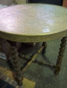 Indian Brass Top Table, Raised on folding wood supports, 58cm high, 60cm wide