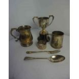 Two Silver Tankards, Also with a three piece part silver christening set, and a small silver trophy,