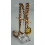 9ct Gold Albert Chain, With Citrine Fob and attached T-bar, Stamped 375 to links, clasp and t-bar,