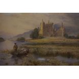 Scottish School "Rowing Boat on the Loch with Castle in the Foreground" Watercolour, 18.5cm x