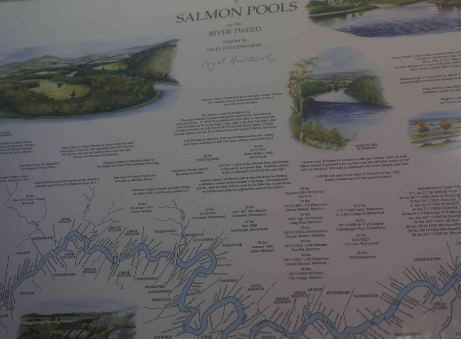 Nigel Houldsworth "Fishermans Map of Salmon Pools on the River Tweed" Signed Print, signed in