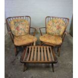 Pair of Ercol Armchairs, With matching Stool, Chairs 79cm , 81cm high, (3)