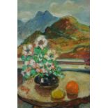 Guy Allan (20th Century) "Still Life of Flowers and Fruit on Table" With Mountains to the Landscape,