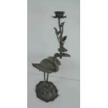 Japanese Cast Bronze Figural Candlestick Holder, Meiji Period, Modelled as a Crane with an open