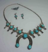 Indian Style Silver and Turquoise Necklace, Having eight Turquoise Cabochons, 34cm long, With a