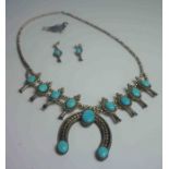 Indian Style Silver and Turquoise Necklace, Having eight Turquoise Cabochons, 34cm long, With a