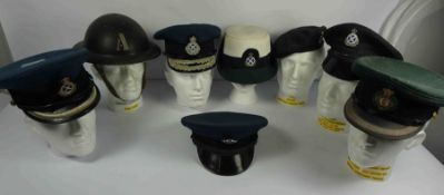 Collection of WWII and Later Ambulance Service Helmet and Caps, To include a WWII Home Front Steel