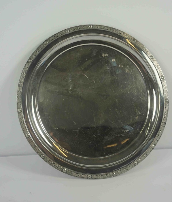 Modern Silver Circular Tray, Hallmarks for Sheffield, Makers marks R & S Ltd, Year date X, Decorated