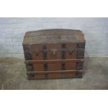 Vintage Wood Bound Travel Trunk, Having a Hinged top, 57cm high, 79cm wide, 53cm deep