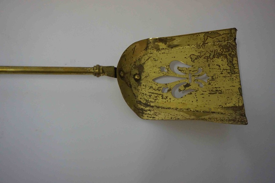 Brass Coal Helmet, Having a Swing handle, 53cm high, Also with three Brass Fire Irons, (4) - Image 4 of 5