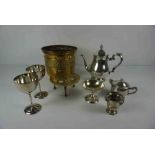Quantity of Silver Plate and Brass Wares, To include Cake Knives and Forks, Tea Set, Comport,
