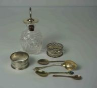 Silver Topped Glass Oil Bottle, Hallmarks for Birmingham, 14cm high, Also with two Silver Napkin