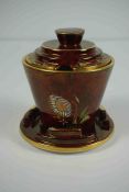 Carlton Ware Art Deco "Needlepont" Lustre Preserve Jar with Cover, On stand, Having Enamel and