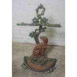 Painted Cast Iron Stick Stand, Decorated with an Applied figure of a Dog, With Drip tray, 69cm high