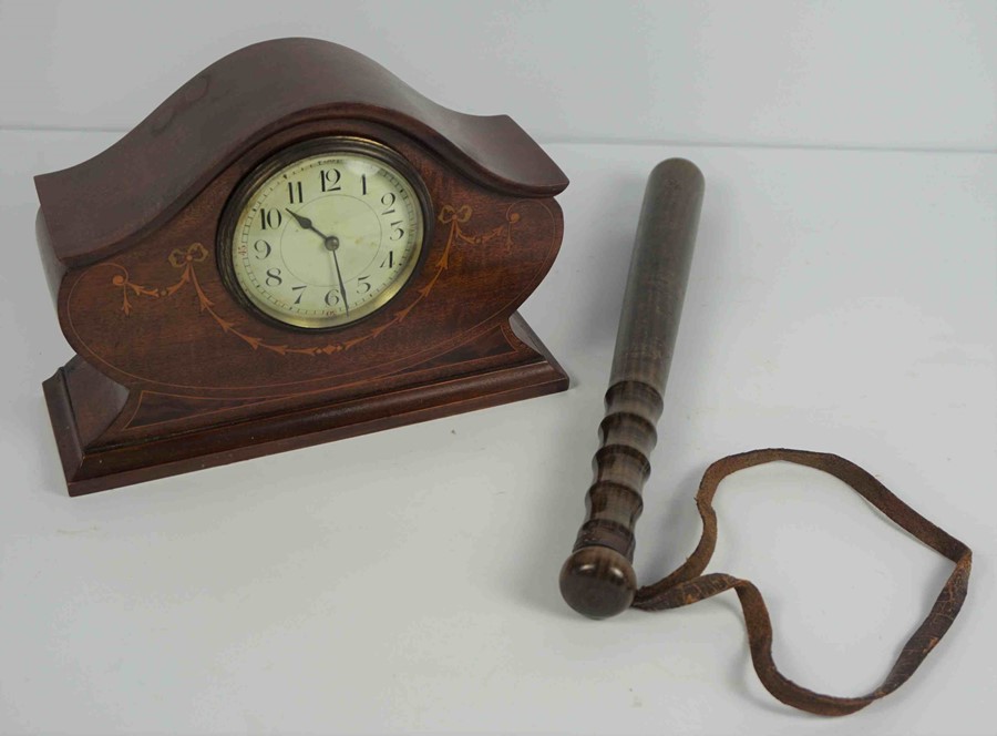 Edwardian Mahogany Inlaid Mantel Clock, Having a French movement, 18cm high, 23cm wide, Also with