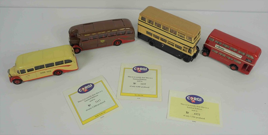 Four Corgi Model Buses, Comprising of a Bedford Q - B - Coach, AEC Regal Coach, London Red Bus, No 9