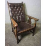 Arts & Crafts Oak Armchair, Upholstered in Brown Leather, 96cm high