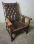 Arts & Crafts Oak Armchair, Upholstered in Brown Leather, 96cm high