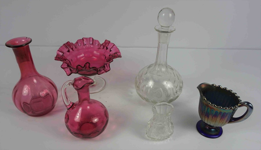 Mixed Lot of Cranberry Glass and Crystal, Also with a Carnival blue glass Jug, 18 pieces