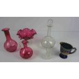 Mixed Lot of Cranberry Glass and Crystal, Also with a Carnival blue glass Jug, 18 pieces