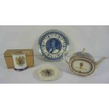 Collection of Commemorative Wares, To include a Sadler Tea Pot and A Wedgwood Plate, In a Travel