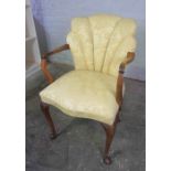 Queen Anne Style Walnut Open Armchair, Upholstered in later Lemon Floral Fabric, 89cm high