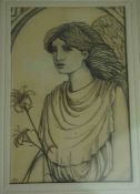 British School "Portrait of a Female" Pen and Ink Drawing, Pre Raphaelite Style, Signed JC to