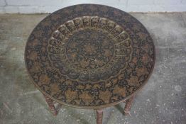 Indian Niello Style Brass Circular Table, Raised on Teak style Folding supports, 52cm high, 60cm