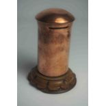 Copper Coin Bank, Modelled as a Post Box, Raised on a Wooden stand, 14cm high