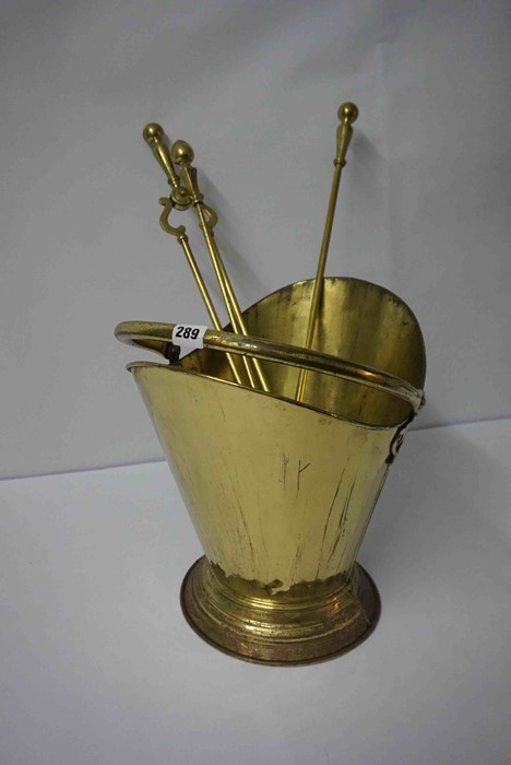 Brass Coal Helmet, Having a Swing handle, 53cm high, Also with three Brass Fire Irons, (4) - Image 2 of 5