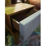 Pair of Contemporary Teak Bedside Cabinets, Having a Fabric covered Drawer, 51cm high, 45cm wide,