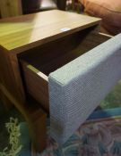 Pair of Contemporary Teak Bedside Cabinets, Having a Fabric covered Drawer, 51cm high, 45cm wide,