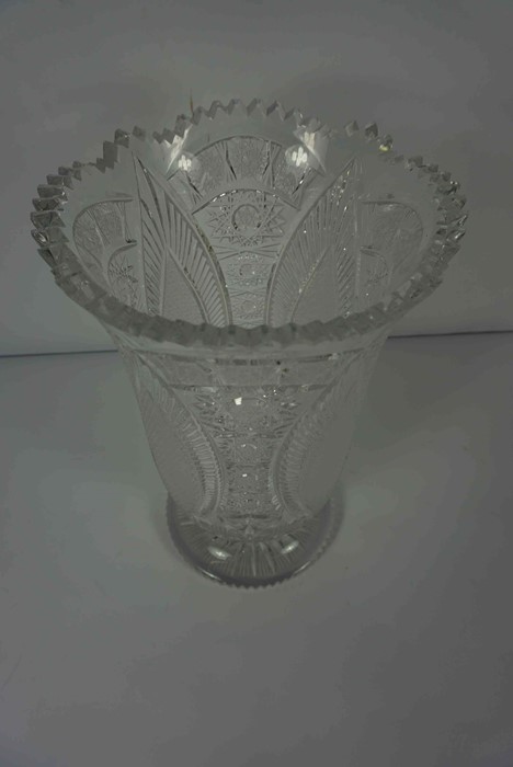Large Crystal and Cut Glass Vase, Raised on a circular Star cut base, 35cm high, 20cm wide
