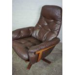 Retro Eames Style Brown Leather Swivel Chair By Mobel of Denmark, Having an X frame Base, 100cm