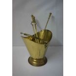 Brass Coal Helmet, Having a Swing handle, 53cm high, Also with three Brass Fire Irons, (4)