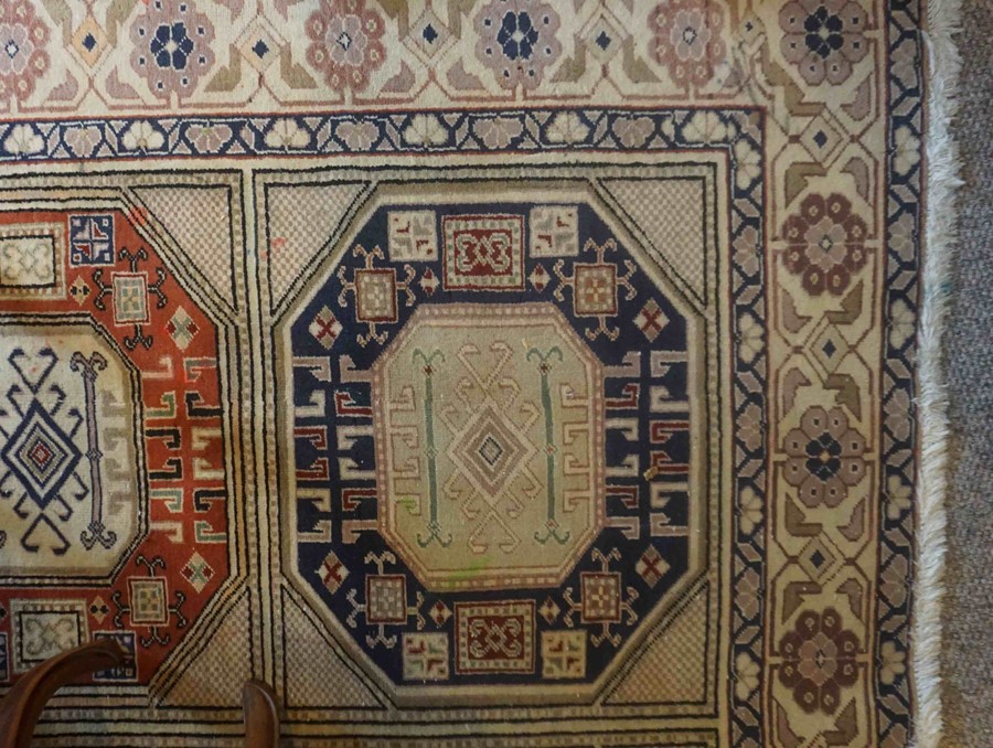 Turkish Herekeh Rug, Decorated with six rows of three Geometric Medallions on a Beige ground, - Image 7 of 7