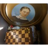 Two Boxes of Sundries, To include a Chess Set, Dolls etc, Also with two Suitcases and Portrait