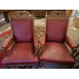 Pair of Late Victorian Carved Oak Parlour Armchairs, Upholstered in Later Red Rexine, Raised on
