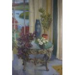 Anne Carrick (Scottish 1919-2005) "Plant Table by the Tweed" Oil on Board, 68cm x 50cm, Signed to