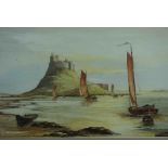 J Urwin (British) "Fishing Boats at Bamburgh Castle" Watercolour, Signed and Dated 82, 29 x 48.